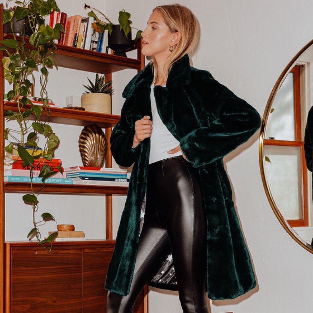 Going for Regal Dark Forest Green Faux Fur Long Coat